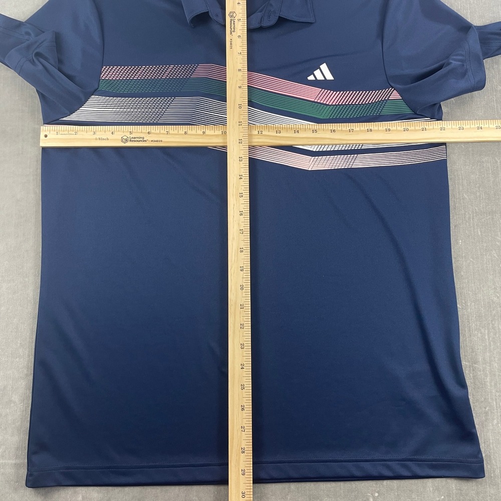 Adidas Mens Large Navy Blue Polo Shirt Geometric Chest Stripe Performance - Picture 6 of 8